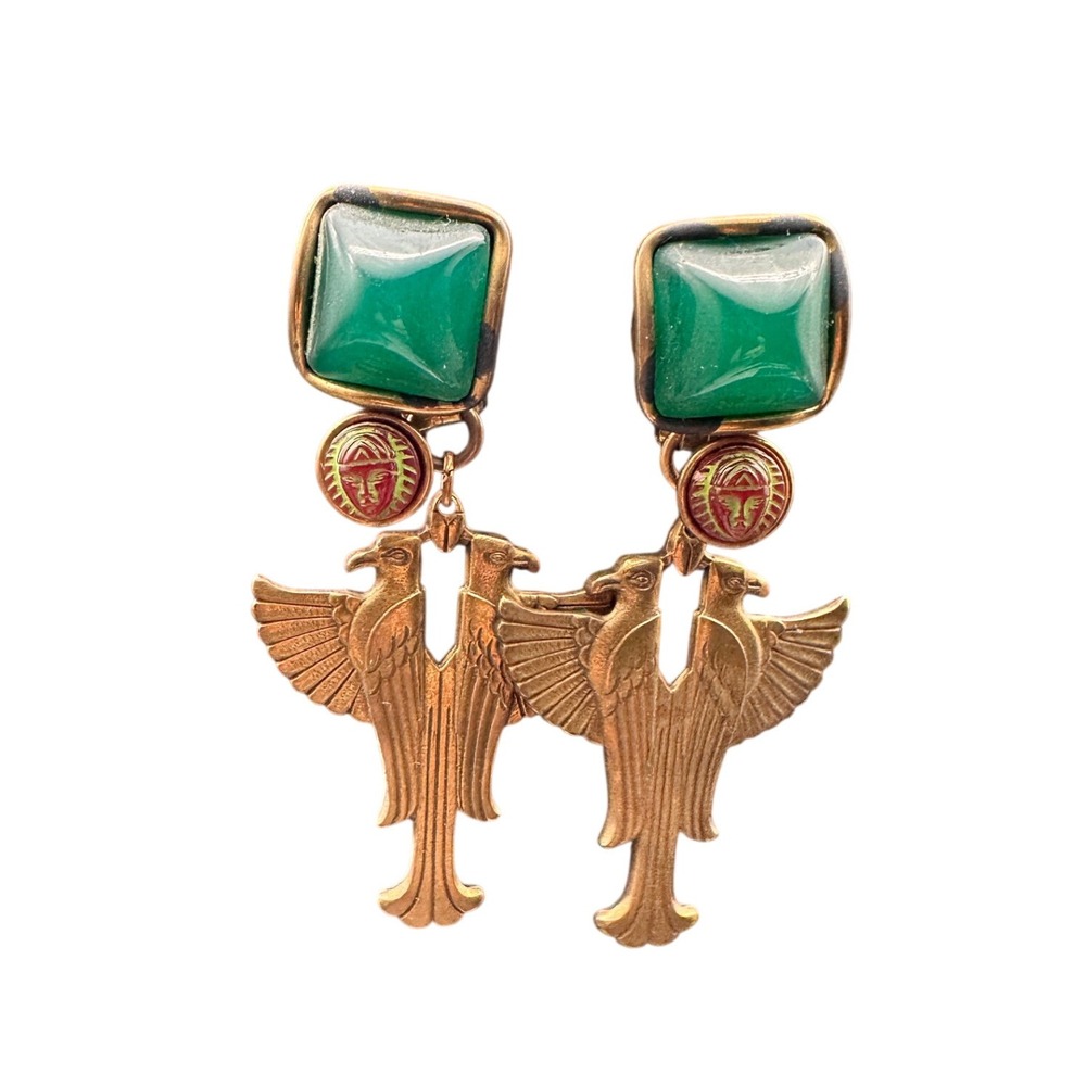Vintage 80s Large Egyptian Revival Green Glass Double Falcon Clip Earrings